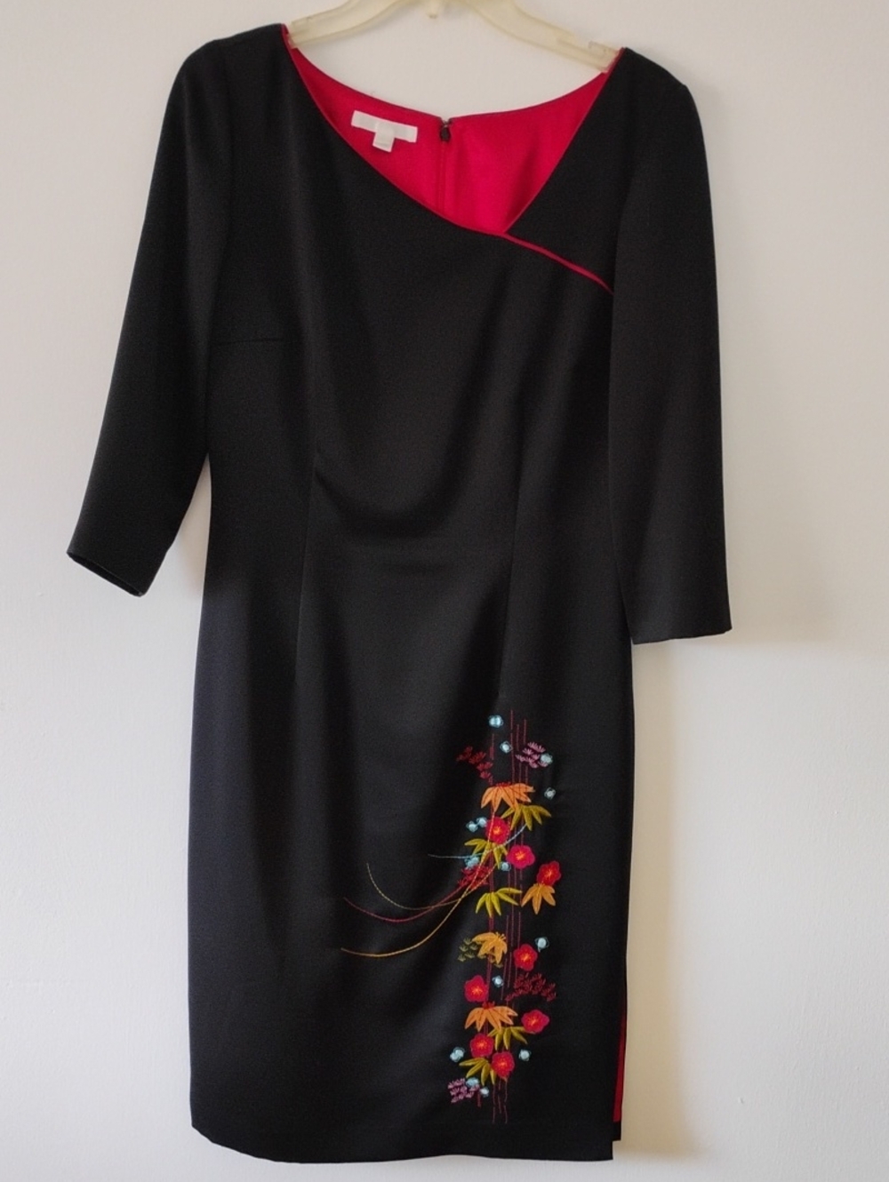 London Times Black Midi Dress with Red Lining and Multicolor Floral Embroidery
